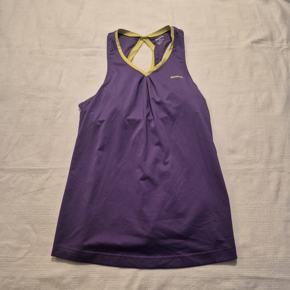 Reebok women's Medium purple with lime trim tank top, shelf bra VGUC